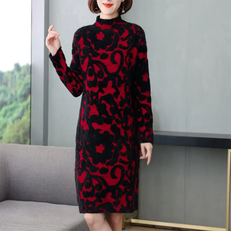 

Autumn Winter Woman Dress Vintage Print Half High Collar Casual Loose Mink Cashmere Long Dresses Vestidos Robe Femme Dress E849