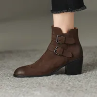 2022Autumn Vintage Ankle Boots Brown Suede Embroidery Short Riding Bottines Side Zipper Black Knight Botas Chaussure Femmes