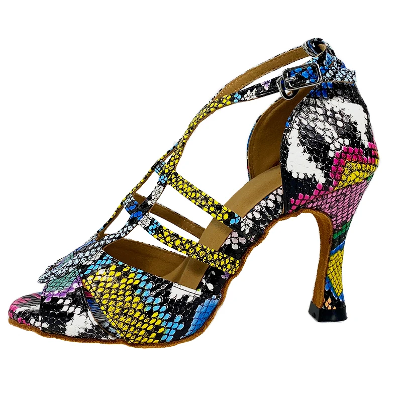 Dancing Shoes Suede Leather Sole Customized Heel 9cm 7cm Colorful Snake Leather African Latin Salsa Dance Shoes Girls