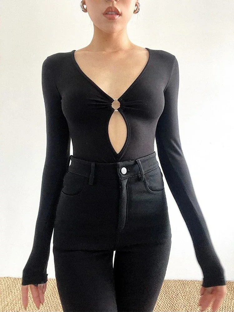 Модное женское боди с длинными рукавами однотонный полый комбинезон глубоким