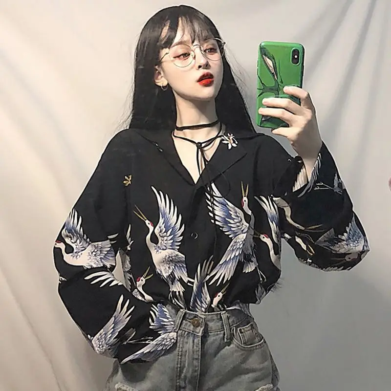 

Long Sleeve Bf Red-crowned Crane Print Loose Shirts Harajuku Blouse Tops Women Vintage Chemise Femme High Street Camisas