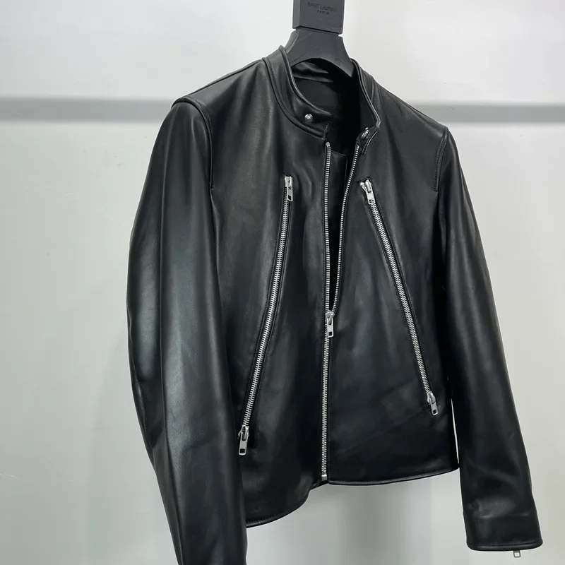 Мужская кожаная куртка из овечьей кожи с воротником-стойкой