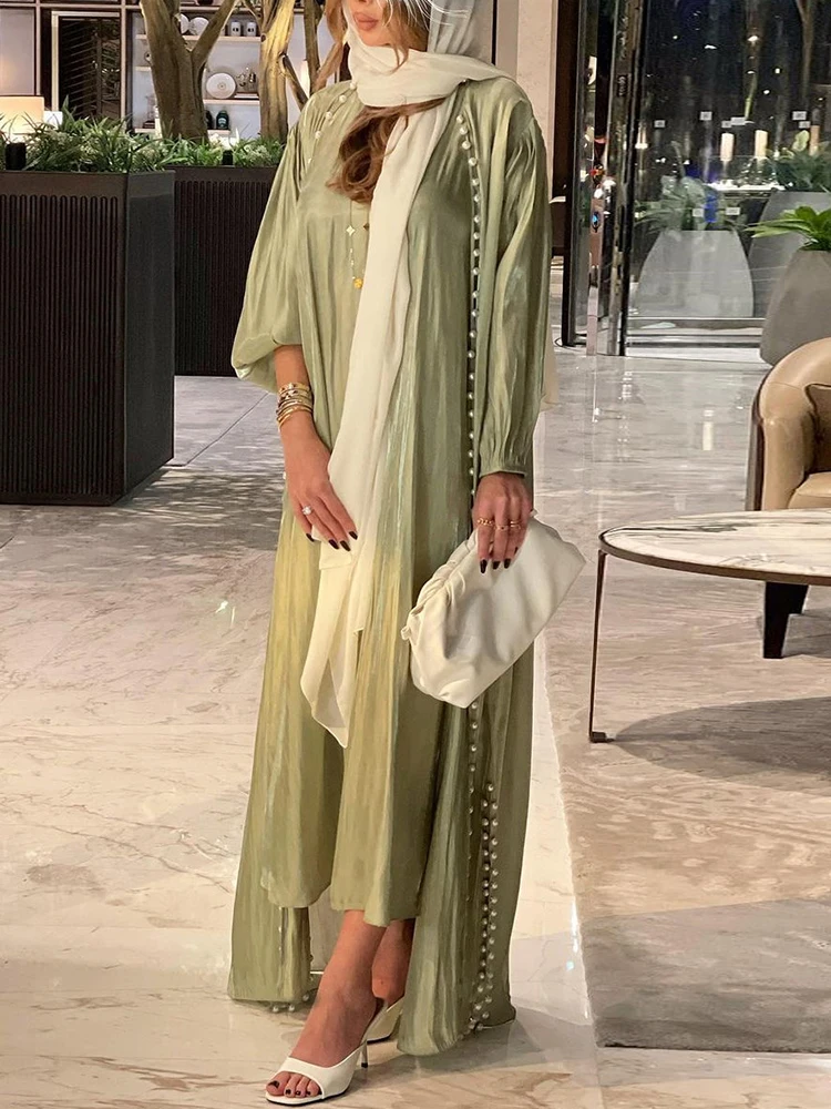 

Morocco Caftan Muslim Abaya Women Dress 2 Piece Set Abayas Gowns Dubai Arabic Silk Satin Kimono Cardigan Robe Outwear Autumn