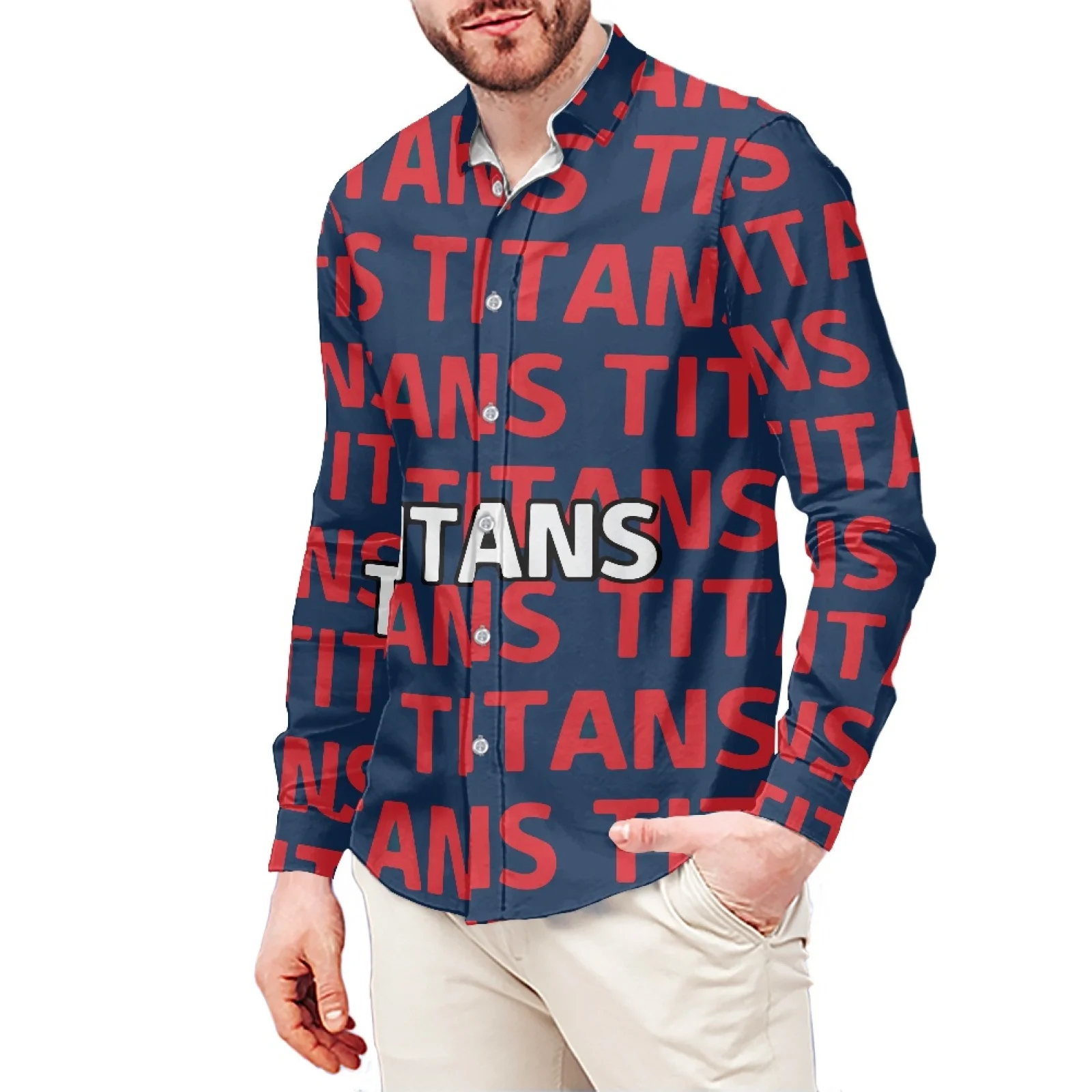 Red Lettering Tltans Print Slim T-Shirt Polynesian Samoa Hawaiian Style Long Sleeve Shirt Men's Dress Shirt Wedding S-6x