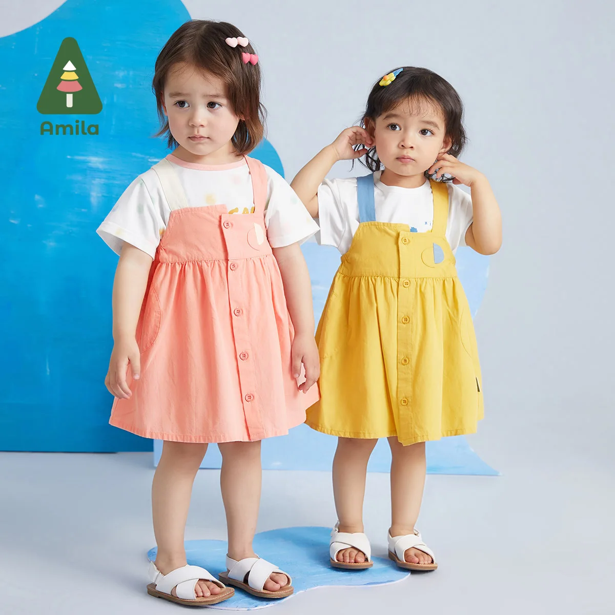 

Amila Baby Girl Dress Summer 2023 New Cute Strap Fashion Asymmetric Color Contrast Solid Sweet Children's Back Dresses 0-6Y