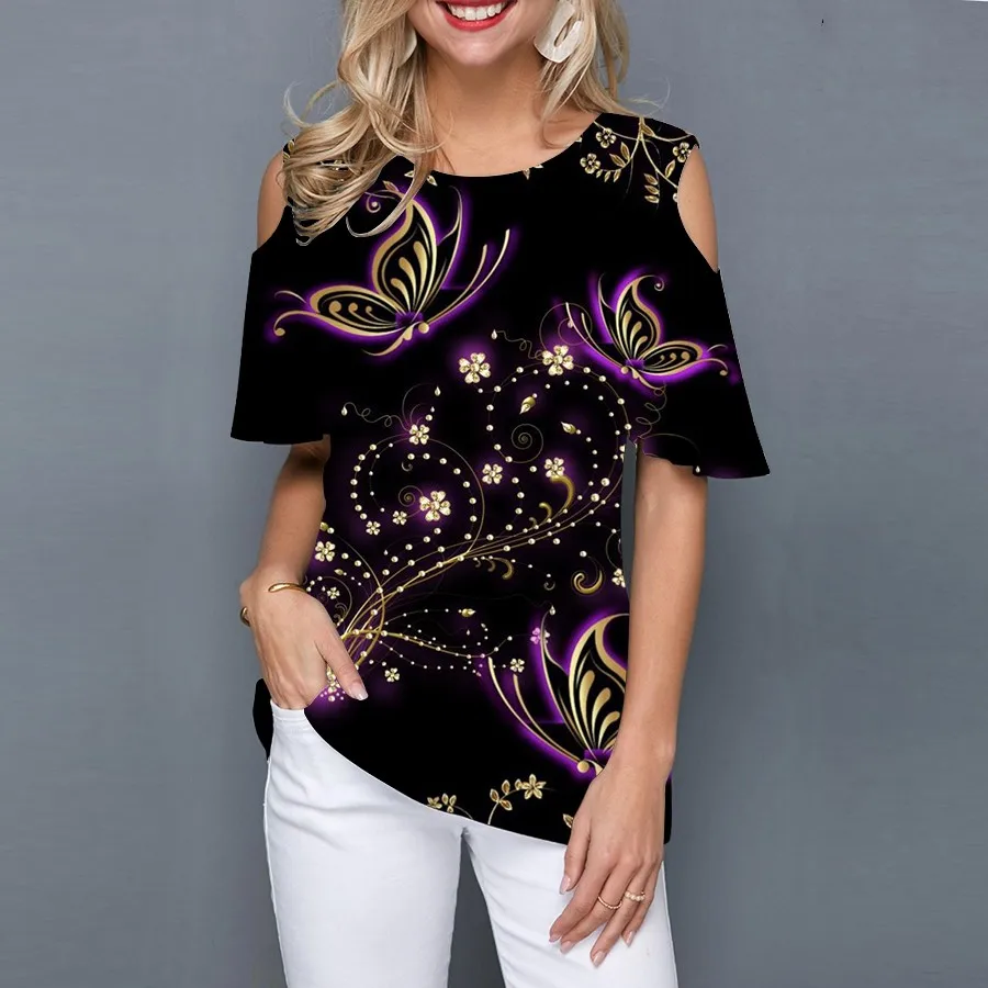 

Женская летняя футболка Tie dye с круглым вырезом, открытыми плечами и коротким рукавом, Модный пуловер с 3D-принтом бабочки, женская модная одежда