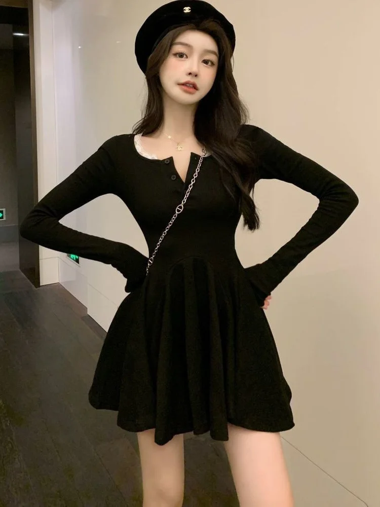 

Knitted Black Wrap Dress Women Korean Style Bodycon Lace Long Sleeve Short Dresses Autumn Outfits Solid