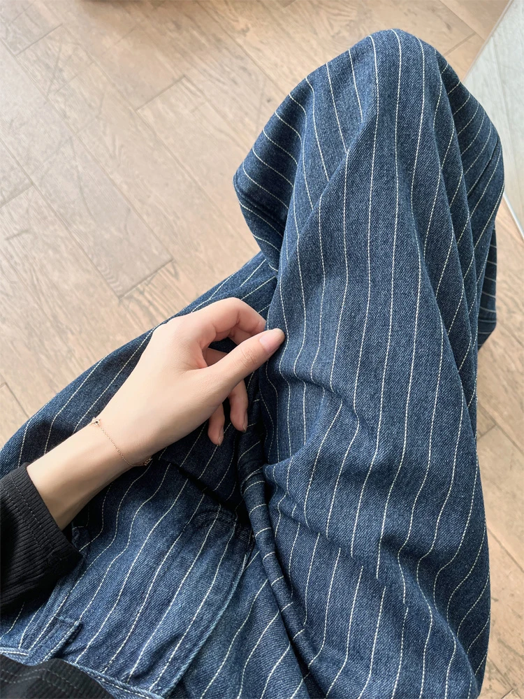 

High Waist Women Retro Classic Striped Wide Leg Pants Fall Straight Baggy Causal Length Tassel Trousers All Match Vintage Chic