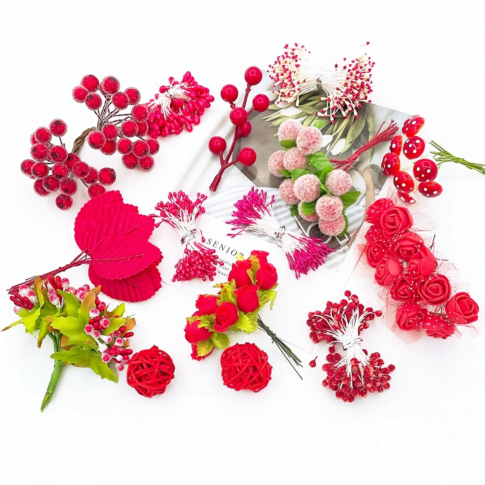 

6/10/12/50/70/90pcs Mixed Artificial Flower Cherry Stamen Berries Bundle Red Theme DIY Xmas Wedding Cake Gift Box Wreaths Decor