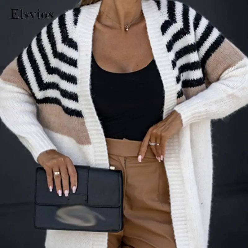 

Fashion Commute Knitted Cardigan Outwear Casual Long Sleeve Loose Women Sweater Elegant Patchwork Stripe Office Lady Sweater Top