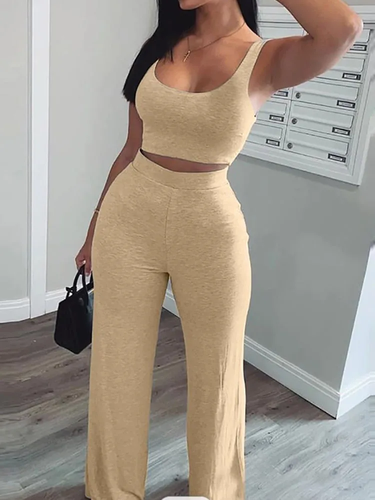 

Sexy Tight Vest Wide-leg Pants Two-piece Fashion Solid Short Top Long Wide-leg Pants Home Suit 2022 New Women Casual Sports Suit