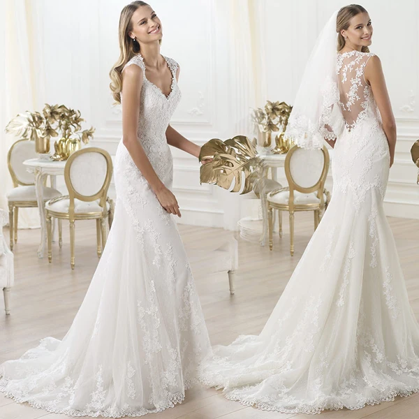 

Vestido De Noiva Ladies V-Neck Cap Sleeved Sexy Back Gauze Lace Embroidery Court Train Long Wedding Dress Mermaid Dresses Gowns