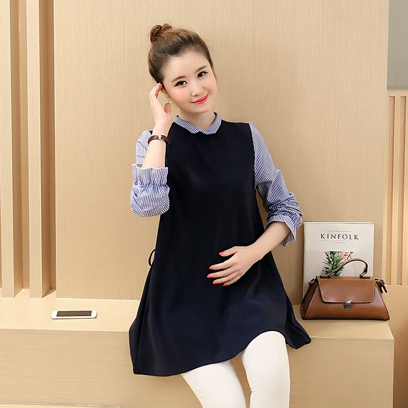 1865 # Ties приталенная Лоскутная рубашка для беременных 2018 Осенняя корейская мода