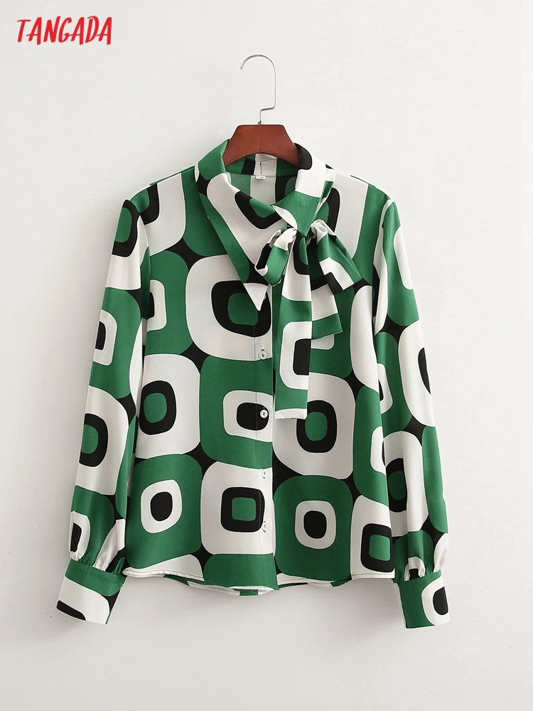 

Tangada 2022 Women Green Geometry Print Shirt Blouse Long Sleeve Chic Female Office Lady Tops 1D439