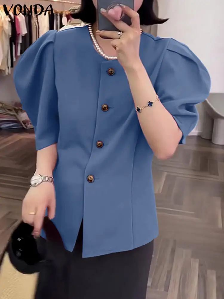 

VONDA Women Fashion Shirts 2023 Summer Short Puff Sleeve Solid Color Blouses Elegant Shirts Button Casual Loose Blusas Femininas