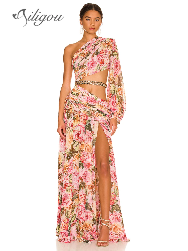 

Ailigou 2023 женское платье с цветочным принтом на одно плечо, длинное сексуальное платье с косым вырезом и длинным рукавом, длинное вечернее пла...