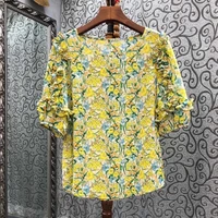 blusas feminino 2022 summer fashion style tops high quality women elegant floral prints half sleeve casual yellow striped tops