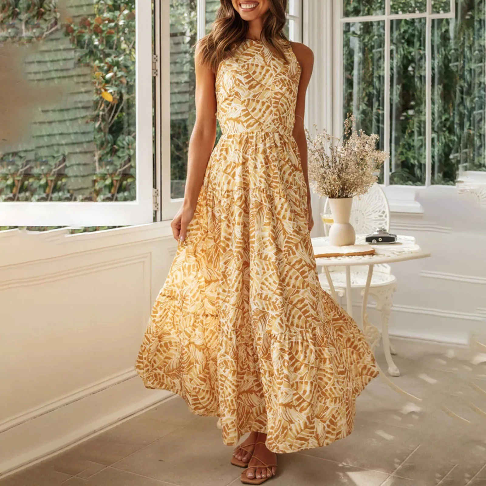 

Women's Bohemian Floral Print Long Dress Summer Backless A-Line Holiday Beach Elegant Party Dress