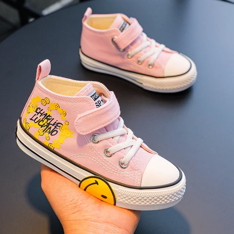 2022 Fashion Smile Printed Pink Canvas Sneakers Kids Boy High top Breathable Children's Canvas Shoes Gilr Platform Child Sneaker