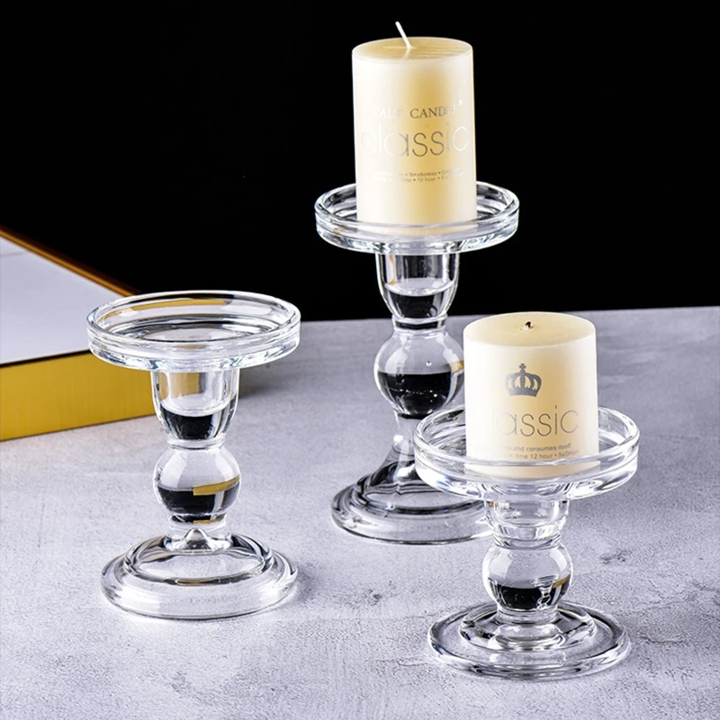 

Clear Glass Candle Holder Set of 3 Tall Candlestick Stand Kit Desktop Ornament for Home Living Room Wedding Party Dinner Table D