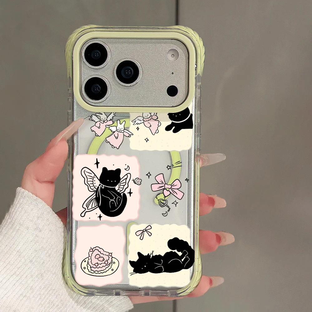 Фото Чехол для iPhone 17 16 15 14 Pro Max, прозрачный, из поликарбоната, с поддержкой беспроводной зарядки, магнитный, с дизайном «Корейская черная кошка с бантом», для iPhone 17 Pro №1