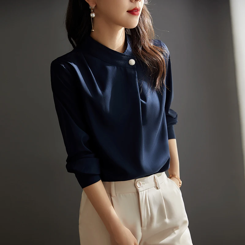 

2022 New Design Summer And Autumn Ladies T-shirt Korean Fashion Womens Shirts Acetate O-Neck Office Lady Blouse Women Tops