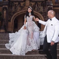 Arabic Africa Mermaid Wedding Dress With White Overcoat High Neck Full Sleeves 2 In 1 Women Marriage Pearls Beading Bridal Gowns