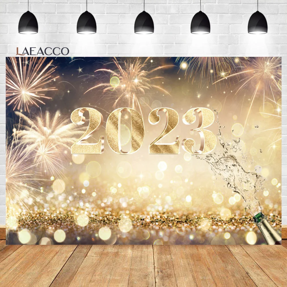 

Laeacco 2023 New Year Party Photography Backdrop Dreamy Golden Glitter Bokeh Firework Champagne Kids Adult Portrait Background
