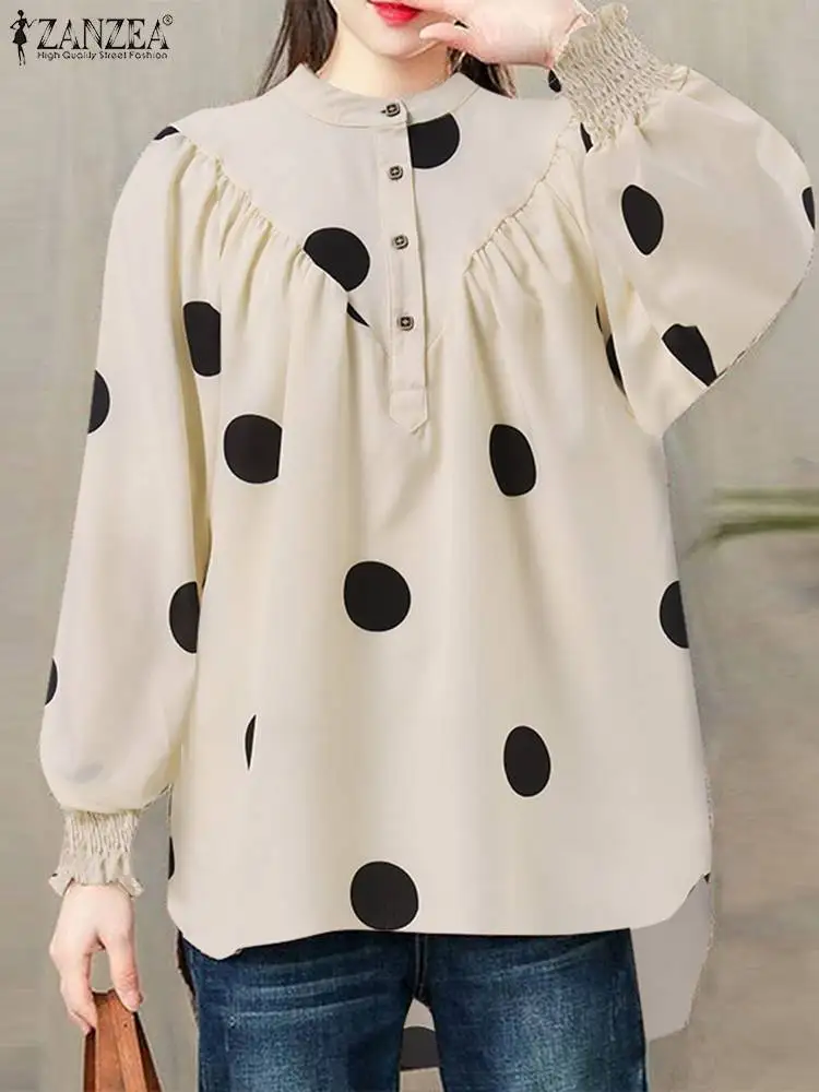 

ZANZEA Loose High Low Chemise Holiday Buttons Tops 2022 Fashion Printed Polka Dots Blouse Women Casual Long Sleeve O Neck Shirt