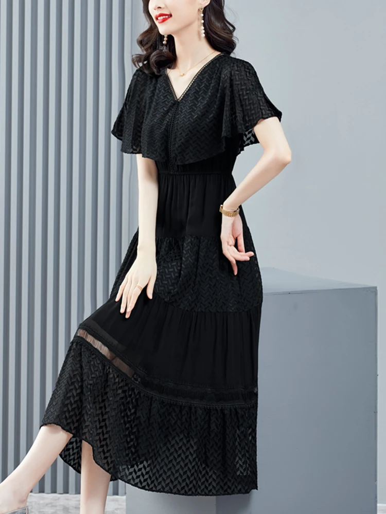 

Women Black Natural Silk Flounced Edge Sexy Midi Dress Summer Fashion Elegant Bodycon Dress 2022 Korean Vintage Hepburn Dresses