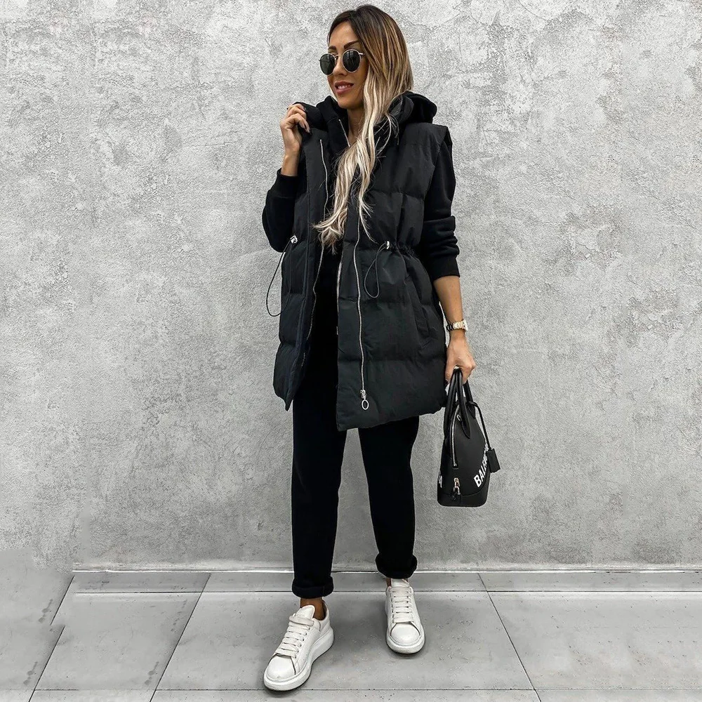 Sleeveless Zipper Jacket Women Drawstring Waistcoat Winter Cotton Padded Casual Streetwear Puffer Parkas Autumn Quilted Coats
