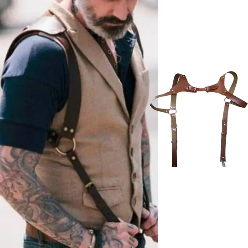 

Mens Punk Faux Leather Body Shoulder Harness Half Chest Cage Belt Bondage Lingerie Adjsutable Buckles O-Rings Clubwear Cosplay