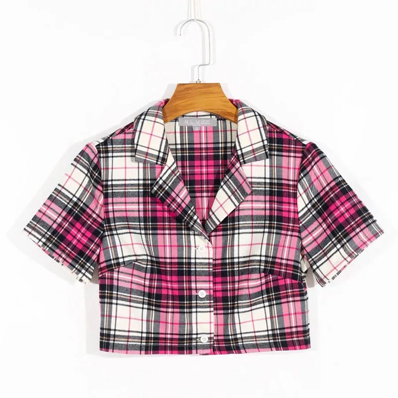 

Summer women's casual plaid lapel short-sleeved cropped shirt