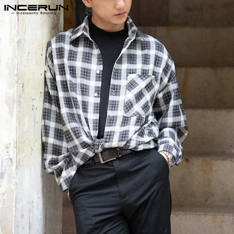 

INCERUN Men Plaid Shirt Turn Down Collar Long Sleeve Loose Blouse Button Streetwear Pockets Korean Style Camisa Masculina 2023