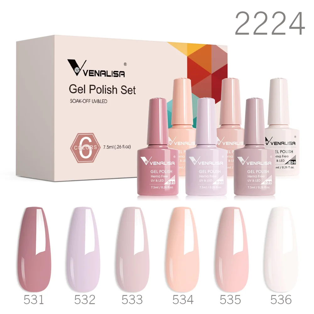 Фото 6 шт./комплект Venalisa Гель-лак для ногтей HEMA TPO FREE Jelly Pink Nude Color Varnish Soak Off UV LED Полуперманентный фирменный подарочный набор №2