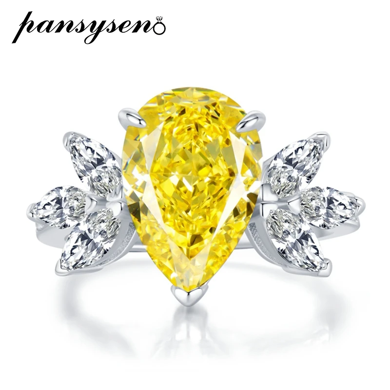 

PANSYSEN Solid 925 Sterling Silver Pear Cut Simulated Moissanite Citrine Wedding Cocktail Rings for Women Fine Jewelry Wholesale