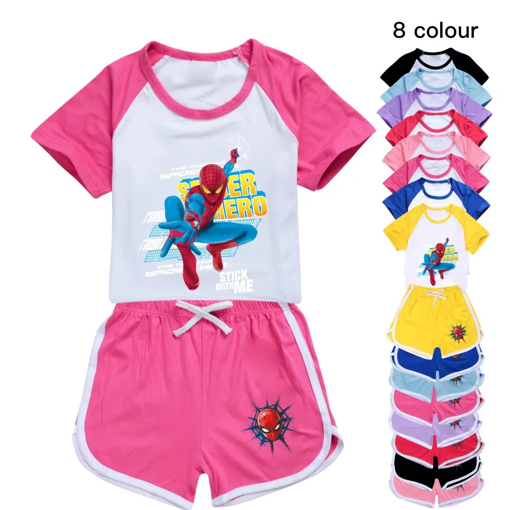 

2022 Girls Boys Summer Outfit Spiderman Kids Sports T-Shirt + Pants 2 Piece Baby Clothing Comfort Clothing Pajamas