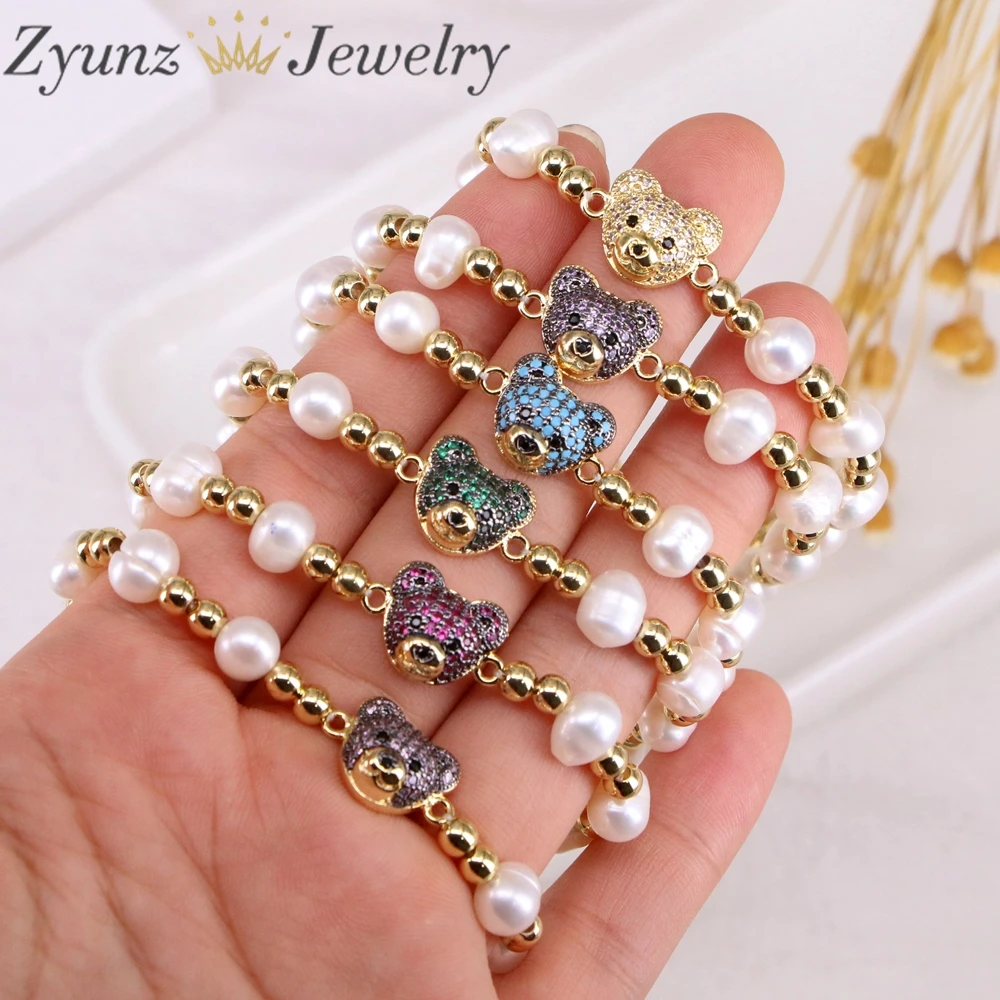 

5PCS, Cute Cubic Bear Head Charm Bracelets Natural Pearl Gold Plated Beaded Chain Bracelet Jewelry Gift for Girl