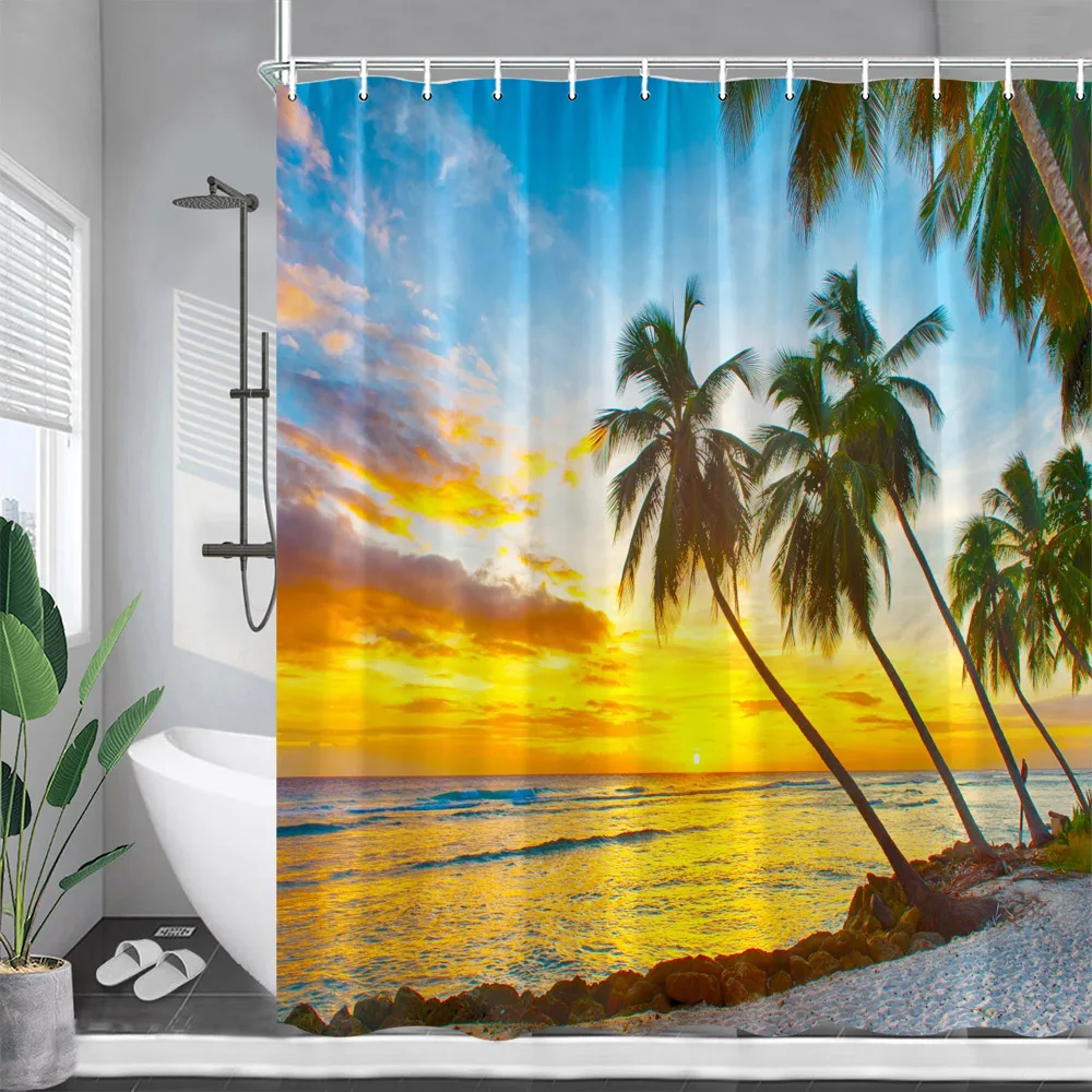 

Занавески для душа в сумерках, шторы для морского пляжа, кокосовых деревьев, закат, природа, ландшафт, занавески для ванной комнаты, декор с крючками, садовые настенные подвесные