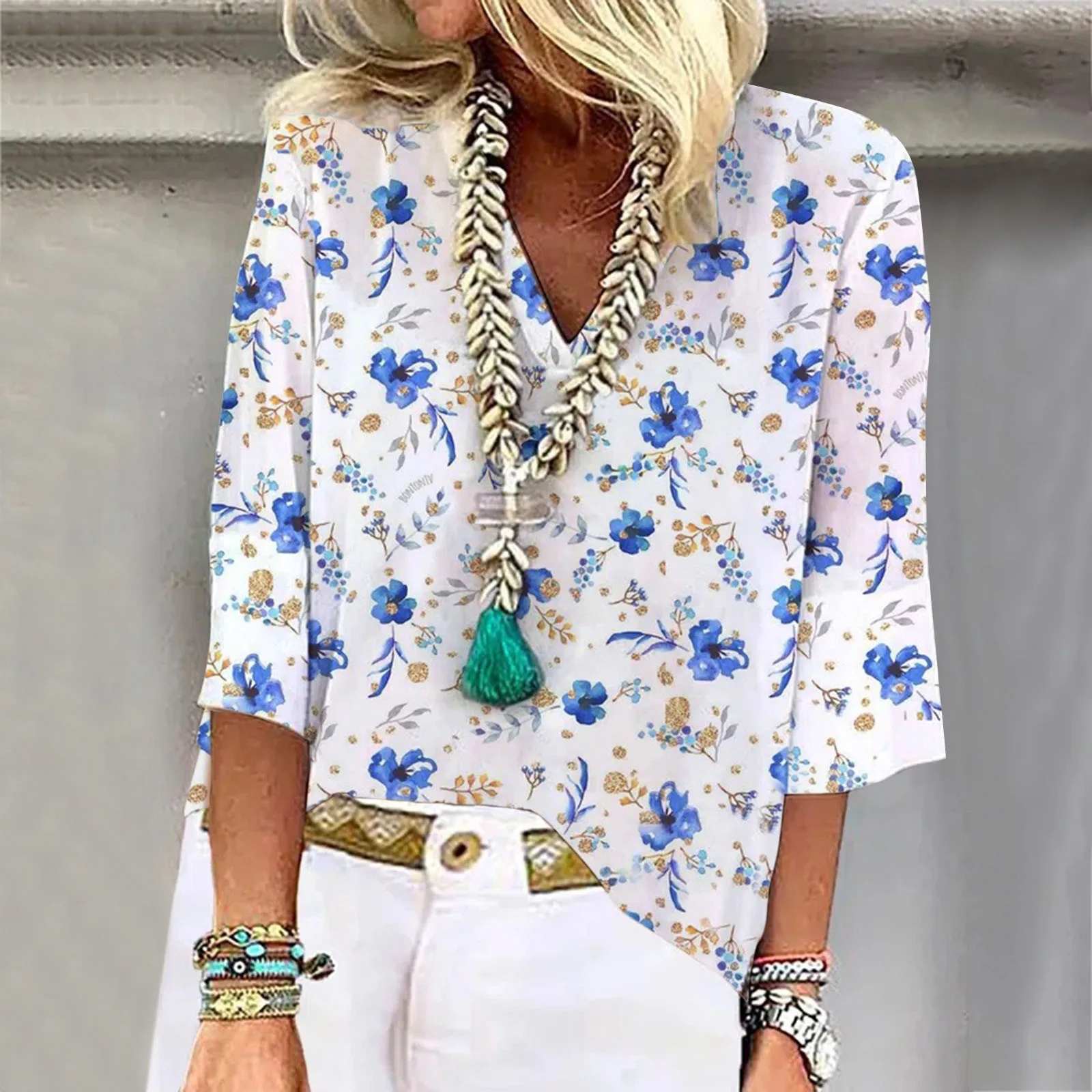 

Women Long Sleeves Shirts Ladies Summer Loose Casual V Neck Half Sleeve Printed Top TShirt Summer Tunics for Women