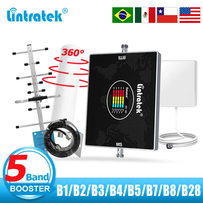 Lintratek 5 Band Cellular Amplifier B28 700 900 1800 2100 2600 MHZ B2 B4 B7 LTE GSM 2G 3G 4G Signal Booster Mobile Repeater 70dB