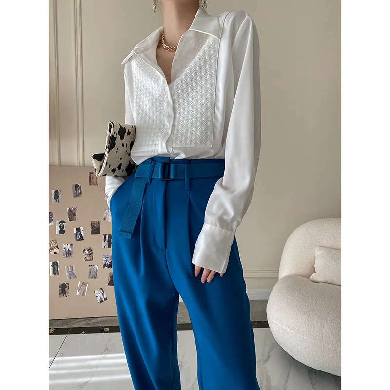 

Женские рубашки, атласная свободная однотонная белая толстовка с отложным воротником, элегантная женская Повседневная однотонная блузка с...