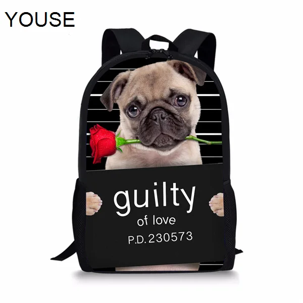 

YOUSEBlack Puppy Pug Dog Backpack for Teenager Boys Girls Cute Printing Children Kids 3D Animal Back Unique Child Pack