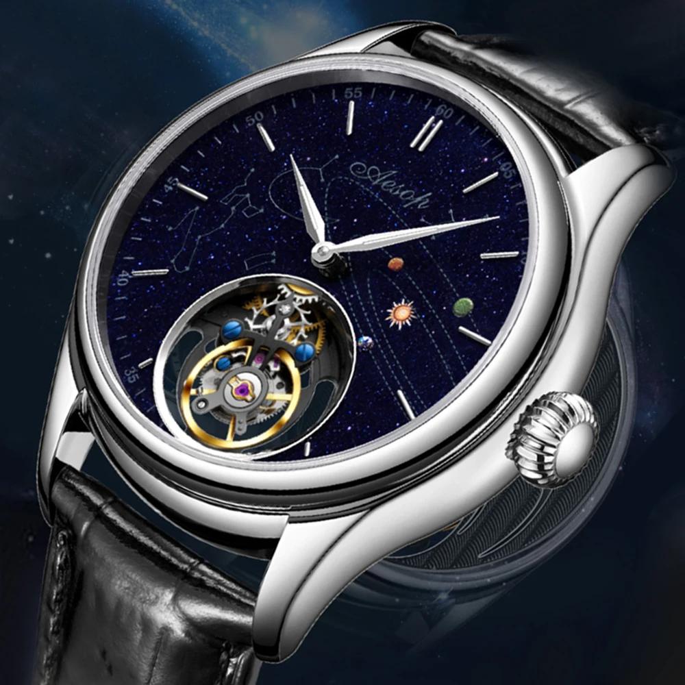 AESOP мужские роскошные настоящие летающие Турбийон Механические сапфировые