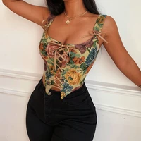2022 women elegant designer french vintage print spaghetti straps tops chic floral corset sexy party club lady camis top bustier