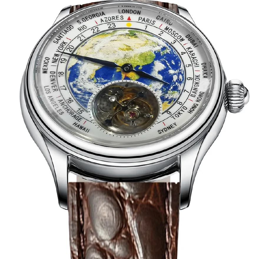 

Men's Globe Earth Tourbillon Mechanical Watches Seagull ST8000 Movement 3D Enamel Dial Sapphire 1963 Men Watch Alligator Leather