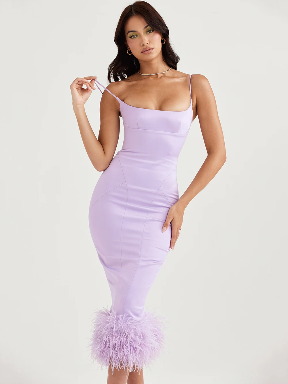 Sexy Spaghetti Strap Feather Sleeveless Square Neck Bodycon Dress Summer  Feather Violet Satin Midi Dress Party Club