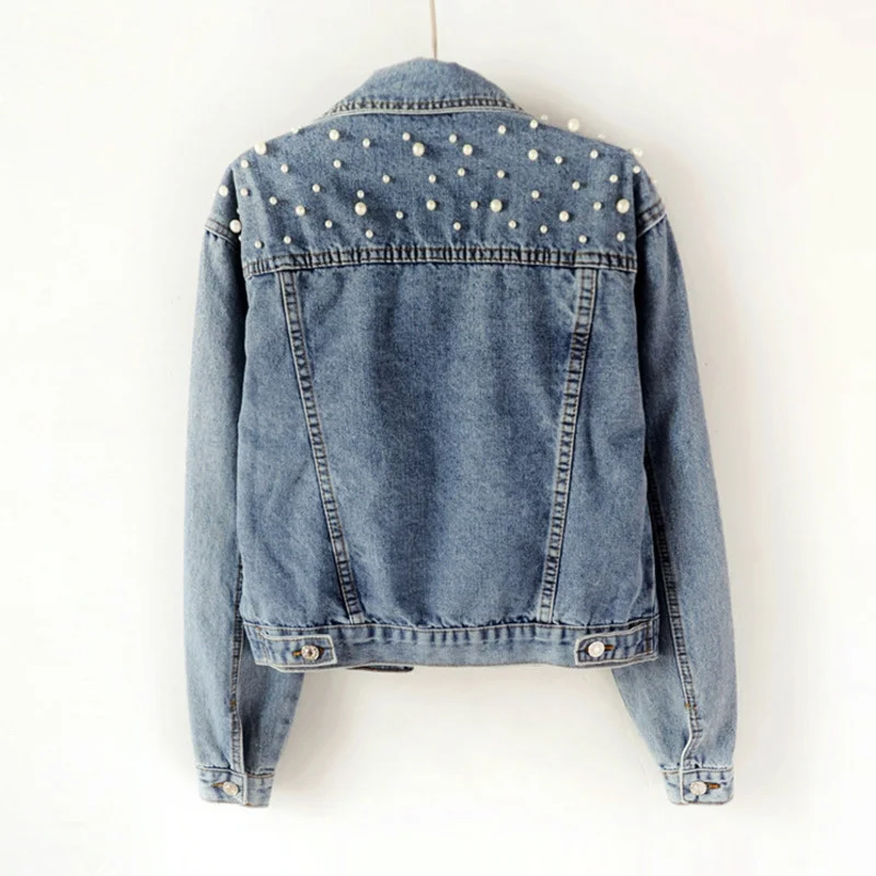Fast Delivery New Spring Autumn Fashion Women's Denim Jacket Full Sleeve Loose Button Pearls Short Lapel Wild Leisure Coat Women