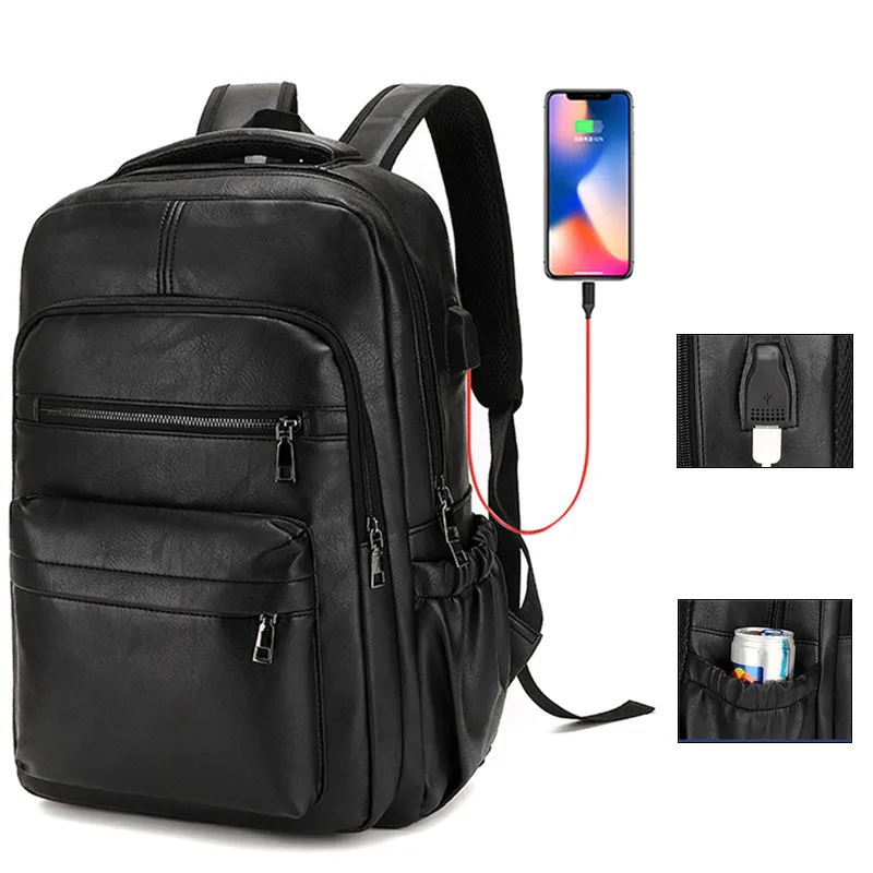 

USB Charging Multifunction Travel Backpack Men PU Leather Bagpack Large Laptop Backpacks Male Schoolbag For Teenagers Boys
