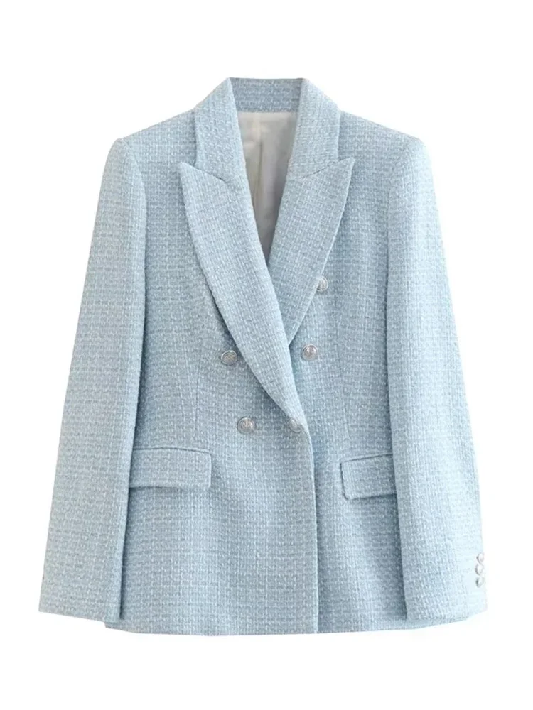 

Fashion Tweed Double Breasted Blazer Coat Women Office Casual Long Sleeve Pockets Female Outerwear Chic Veste Femme